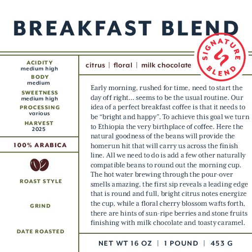 Breakfast Blend (signature blend) fresh roasted coffee