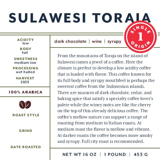 Sulawesi (origin blend) fresh roasted coffee