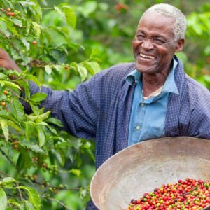 Coffee farmer who is happy because he is treated well.