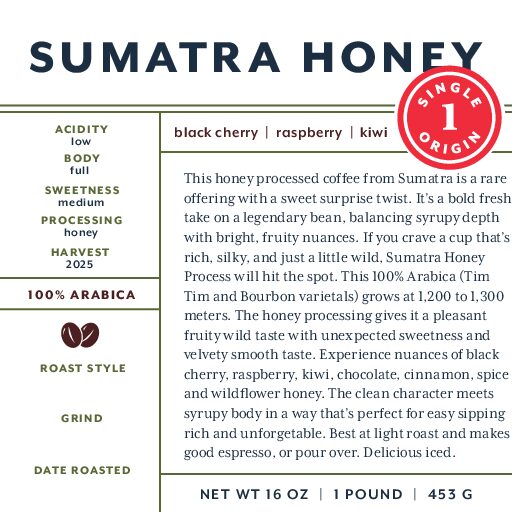 Sumatra Mandheling (honey process) fresh roasted coffee