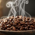 A rustic bowl filled with freshly roasted coffee beans with aromatic steam gently rising.