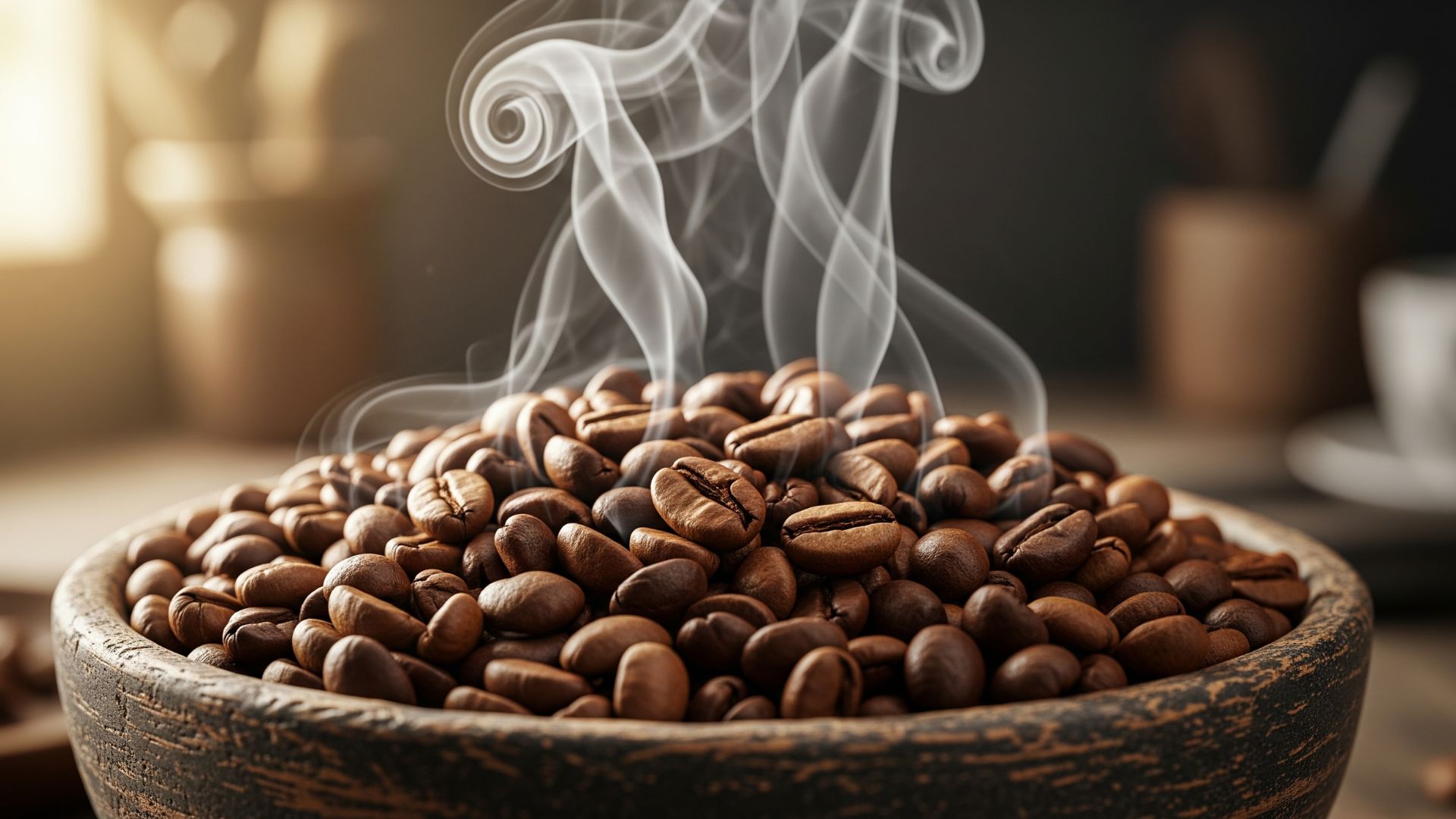 Why Were Your Go-To Specialty Coffee Bean Roaster A rustic bowl filled with freshly roasted coffee beans with aromatic steam gently rising.