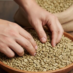 A person's hands delicately examine a wooden bowl filled with pale green unroasted coffee beans, with a burlap sack in the background.