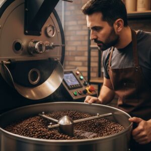 A focused male roaster in an apron attentively watches dark roasted coffee beans tumbling in a large commercial coffee roasting machine.