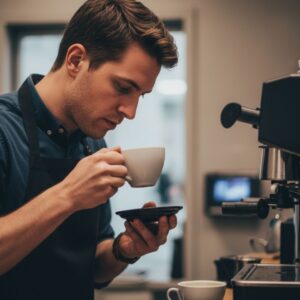 A serious man in a blue shirt and dark apron delicately sips coffee from a white cup, holding its saucer in his other hand.