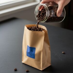 Freshly roasted coffee beans being carefully poured into a bag.