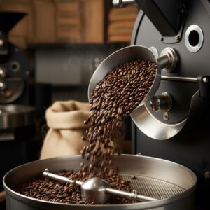 Close-up, high-quality image of coffee beans being measured into a professional roaster