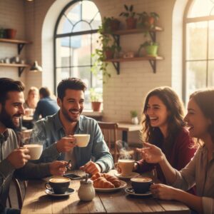 A group of friends enjoying freshly brewed coffee together in a bright cafe