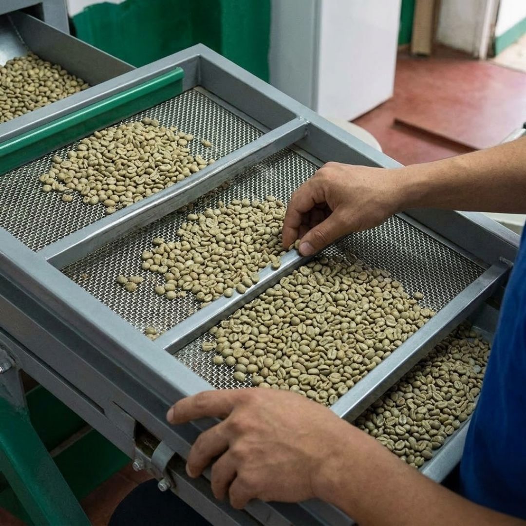 sorting dried coffee beans
